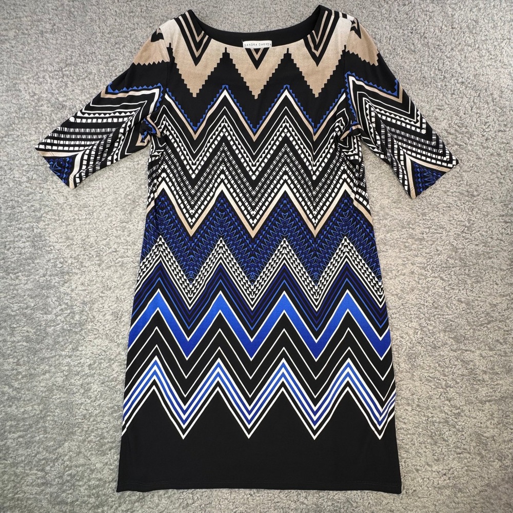 Sandra Darren Blue Black Chevron Geometric Sheath Midi Dress 6P Career Office